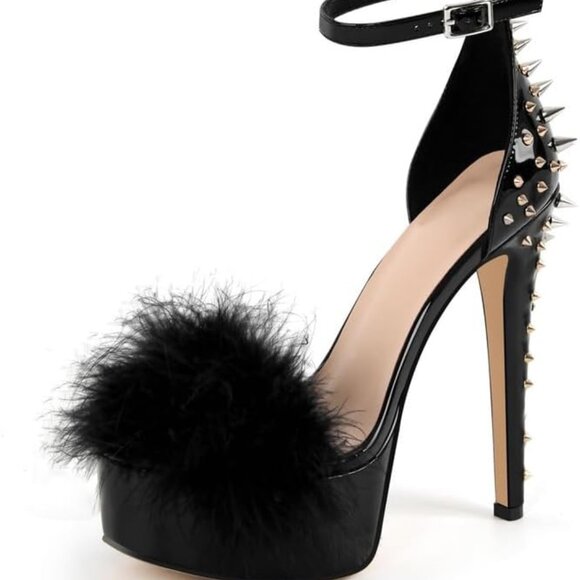Women's Faux Leather Fuzzy Platform Sandals Size 9 Ankle Strap Dressy - Picture 1 of 6
